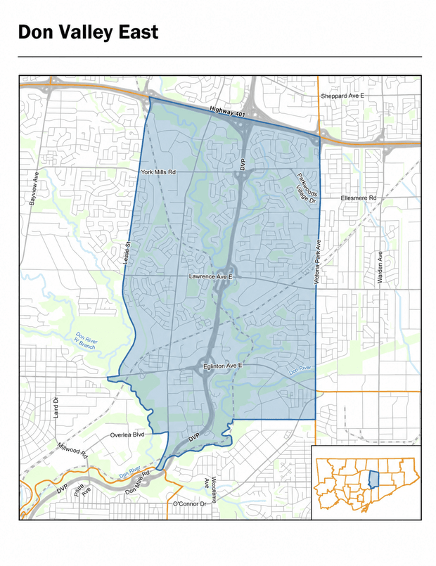 Map of Toronto Ward 16 — Don Valley East, showing the ward boundary from Highway 401 south to the Don River valley between Leslie Street and Victoria Park Avenue